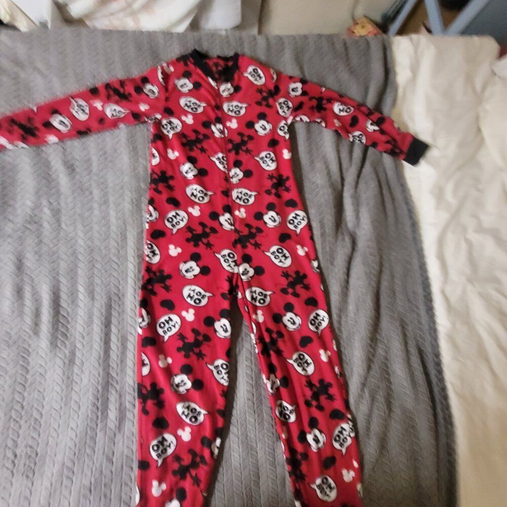^ Disney small fleece one-piece footed pajama mickey mouse red front zip
